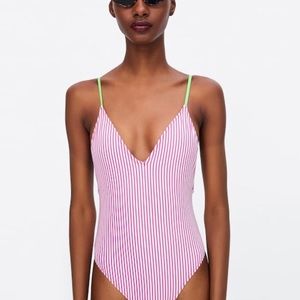 NEW ZARA Pink White Seersucker Stripe Swimsuit